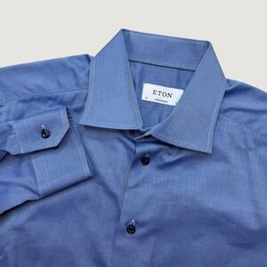 Eton Mens 16 41 Contemporary Fit Dress Shirt Blue Herringbone Long Sleeve